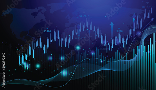 stock market chart, global financial investment, stock market up arrow and candlestick on blue background. growth wave data trading financial and business investment.