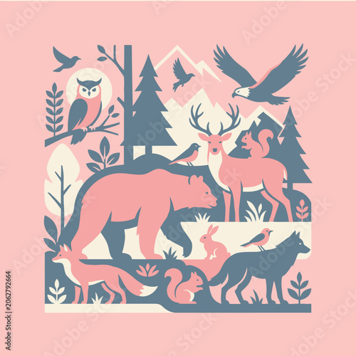Photography A flat illustration of various wild animals in a forest