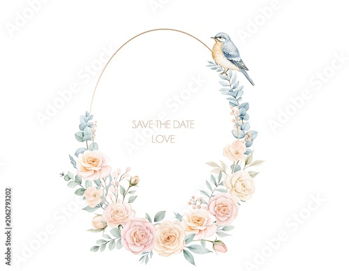 Watercolor Floral Wreath with Bird and Handwritten Text.