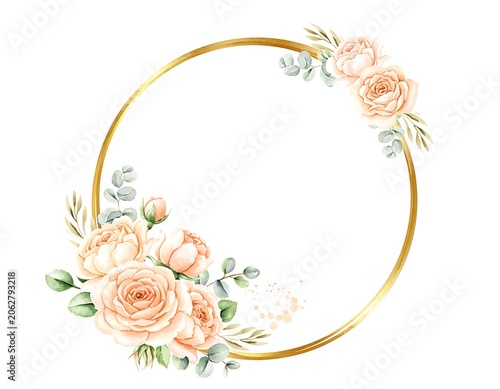Watercolor Floral Wreath with Gold Circle Frame.