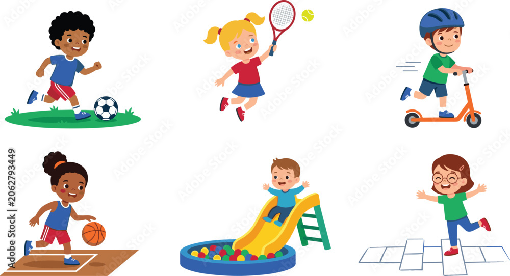 Fototapeta premium Cute Children Playing Outdoor Sports Vector Illustration Set with Soccer Tennis Scooter Basketball Playground Slide and Hopscotch for Kids Active Leisure