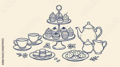 Elegant outline sketch vector illustration of a vintage tea party dessert set including a porcelain teapot, stylish cups, tiered cupcake stand, macarons, and dainty floral pastries.