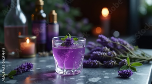 Purple Lavender Cocktail Drink with Fresh Flowers.