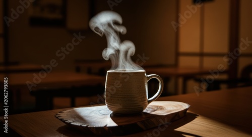 Steaming hot coffee cup on wooden table in cozy cafe.