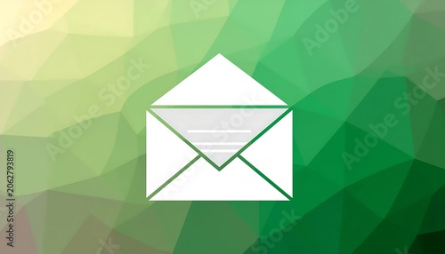 White envelope icon on green geometric background.