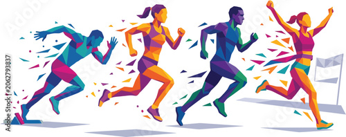 Runners compete in a vibrant marathon race captured through colorful geometric artistic style.