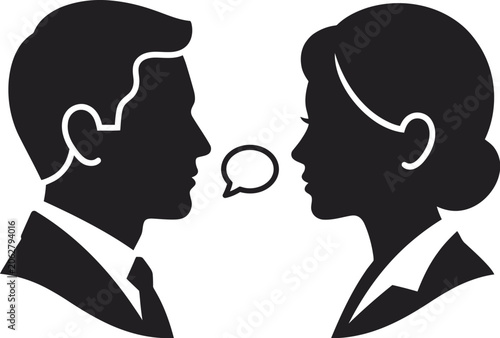 Businessman and businesswoman silhouettes stand facing each other while a speech bubble indicates a professional conversation.