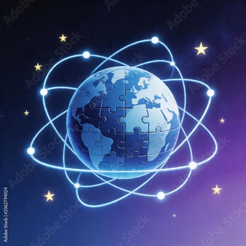 puzzle globe with glowing blue orbits and stars