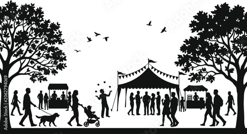 Festival scenes depict families and individuals walking through an outdoor event with market stalls and a large tent.