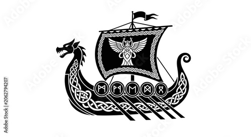 Quadro su tela Viking longship silhouette with dragon head and runic shields