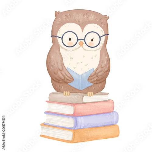 Cute owl with glasses reading on books stack. Watercolor childish illustration isolated on white background, woodland bird character