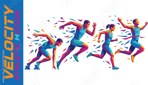 Athletes in motion depict a dynamic progression of sprinters racing toward the finish line with geometric color blocks.