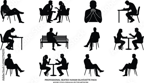 People silhouettes engaged in professional meetings and daily seated activities offer a comprehensive set for corporate presentations.