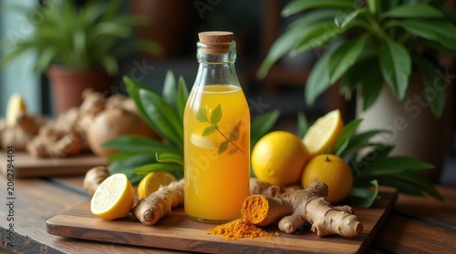 Fresh ginger turmeric juice with lemons on wooden board.