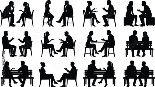 Business silhouettes depict pairs of professionals sitting on benches and chairs while talking.