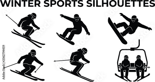 Winter sports silhouettes showcase several individuals skiing and snowboarding on snowy landscapes.