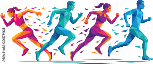 Athletes run forward in a dynamic display of speed and energy using colorful geometric low poly art styles.