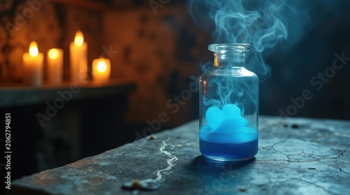 Blue Potion Bottle with Smoke and Candlelight.