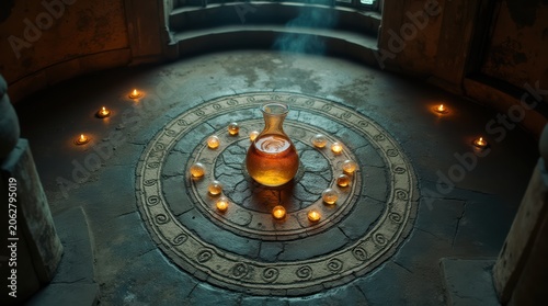 Ancient Alchemy Setup with Potion and Candles.