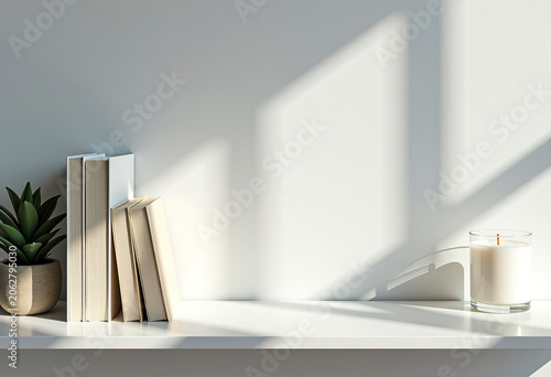 A white shelf on a light gray wall, with several books, a small potted plant and a candle. Daylight. Space for the text.