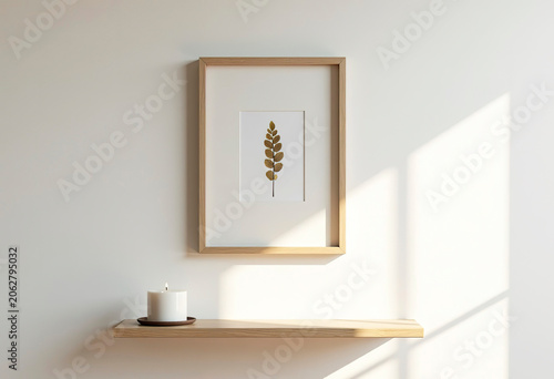 A white wall with a framed painting depicting a leaf, a branch with leaves, and a small wooden shelf below with a single candle. Soft daylight.