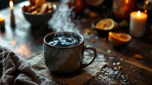 Steaming Hot Coffee Cup on Rustic Wooden Table with Cozy Atmosphere.