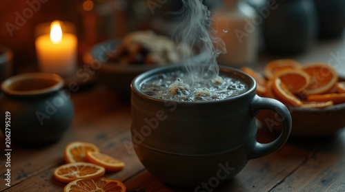 Steaming Hot Coffee Cup with Dried Orange Slices and Candlelight.