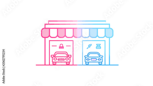 Valokuva Car Garage Building Icon with Vehicles and Tools