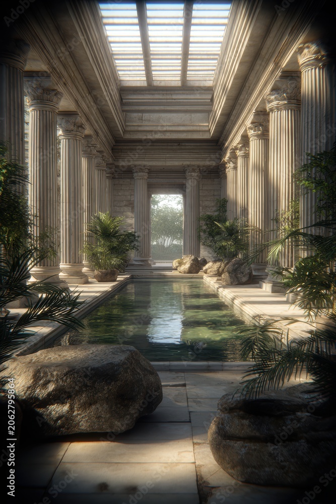Fototapeta premium Space universe exploration, fantasy. A detailed, realistic portrayal of an ancient, classicalstyle interior. The main subject is a serene pool surrounded by tall.