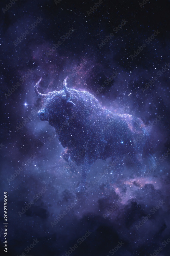 Fototapeta premium Space universe exploration, fantasy. A vivid depiction of a cosmic scene features a majestic bull in the foreground against a backdrop of a vast expanse of stars and nebulae.