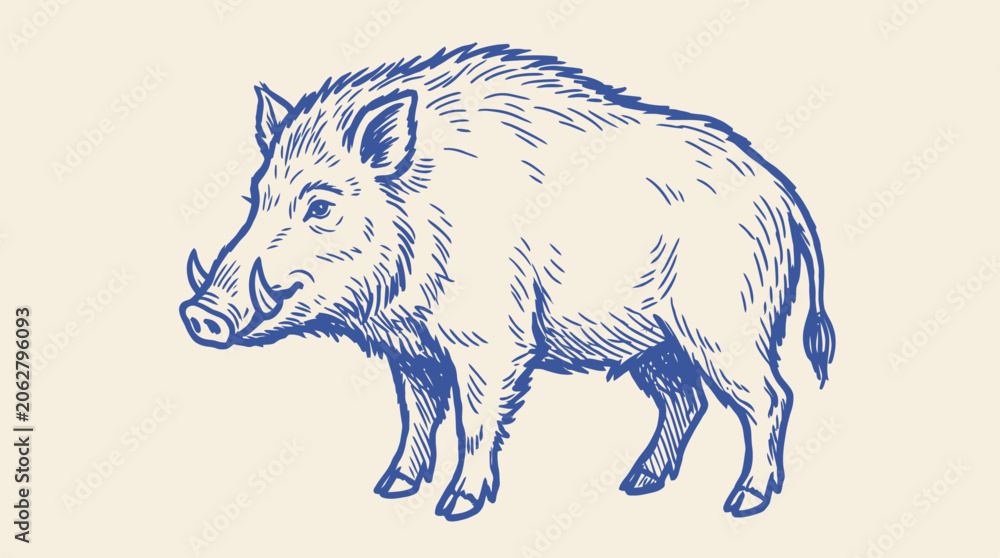 Fototapeta premium Vintage hand-drawn wild boar engraving sketch featuring a powerful feral pig in a natural woodland forest habitat, artistic animal portrait for hunting and nature design.