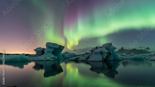 Spectacular Aurora Borealis Over Glacial Lagoon with Icebergs