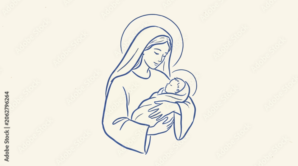 Naklejka premium Sacred representation of the Blessed Virgin Mary holding infant Jesus Christ in her arms, beautiful religious Madonna and child icon painting, divine motherhood and holy spiritual devotion.