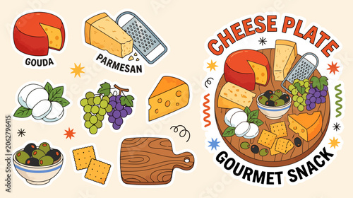 Funky retro cartoon illustration of a gourmet cheese platter featuring mozzarella gouda parmesan with grapes and olives in a whimsical doodle style for a colorful snack food board.