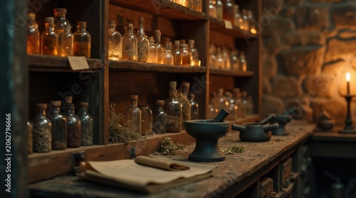 Vintage Apothecary Interior With Glass Bottles And Mortars.