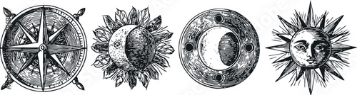vintage celestial illustrations compass moon phases sun ornament black ink drawing
