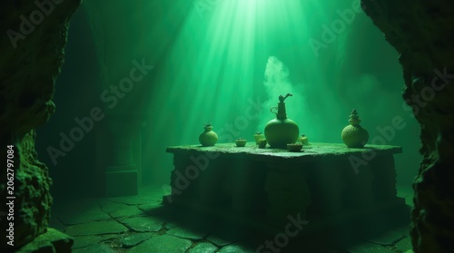 Ancient altar inside mystical underwater cave with green light.
