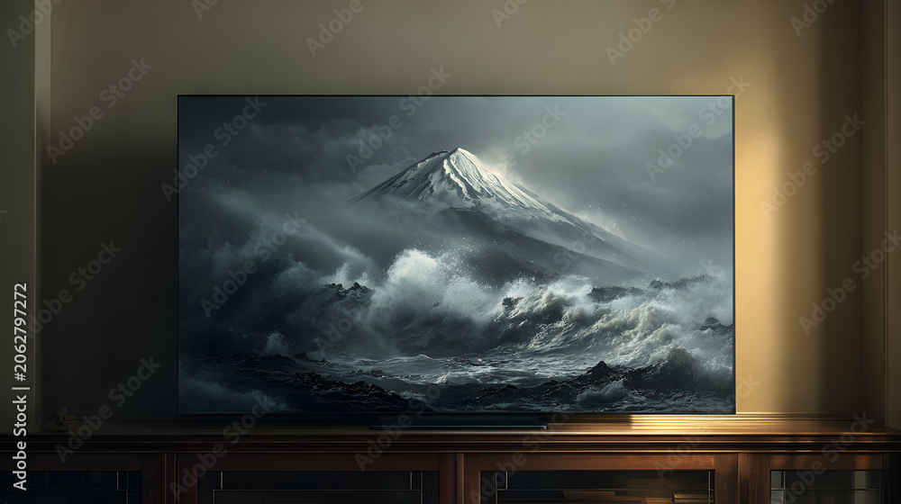Fototapeta premium Modern thin bezel television displaying digital art of japanese mountain and ocean waves in dim room.