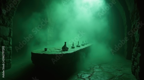 Mysterious Foggy Bathtub Scene in Dark Room.
