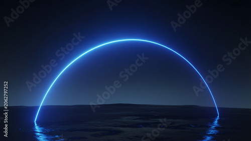 Bright blue neon archway over dark rippling water at night