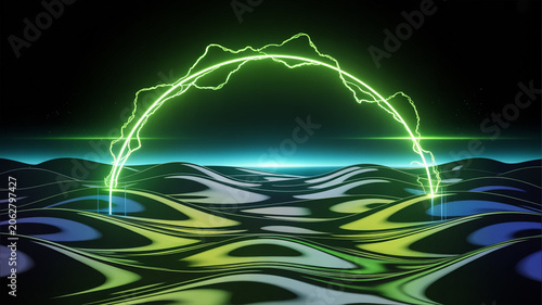 Electric green arc over abstract wavy landscape with geometric patterns