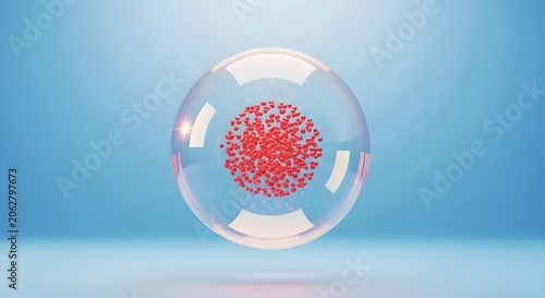 Microscopic red particles contained within a transparent glass sphere, representing cellular biology and scientific research. Abstract medical illustration for health, biotechnology