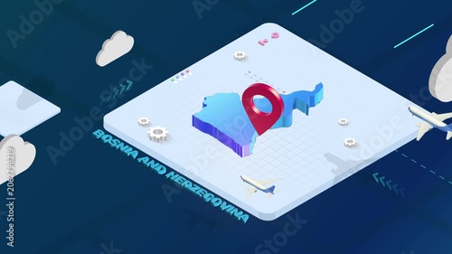 Isometric 3D Render of Bosnia And Herzegovina Map with Red Location Pin Pointer and Floating Airplanes
