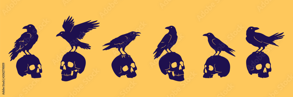 Obraz premium Black ravens sitting on human skulls vector illustration