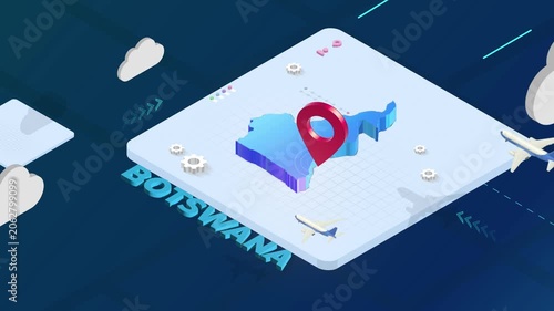 Isometric 3D Render of Botswana Map with Red Location Pin Pointer and Floating Airplanes