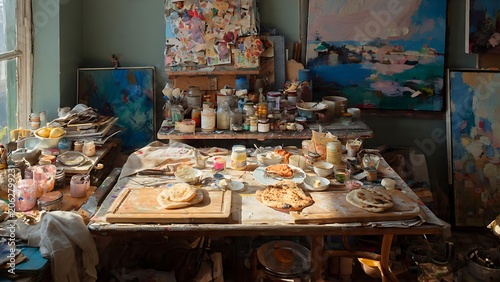Wooden table with assorted baked goods and pastries.