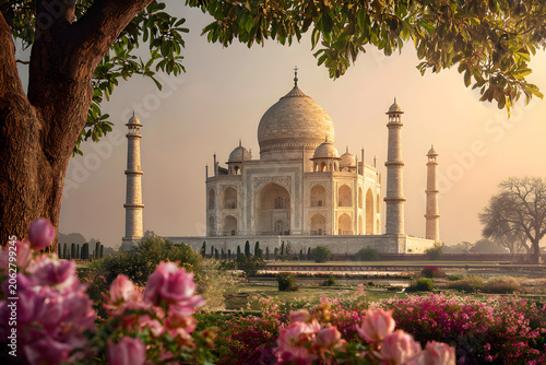 Taj Mahal Framed by Blooming Garden and Tree Branches at Golden Hour