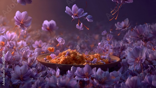 Vibrant cherry blossoms with wooden bridge in spring.