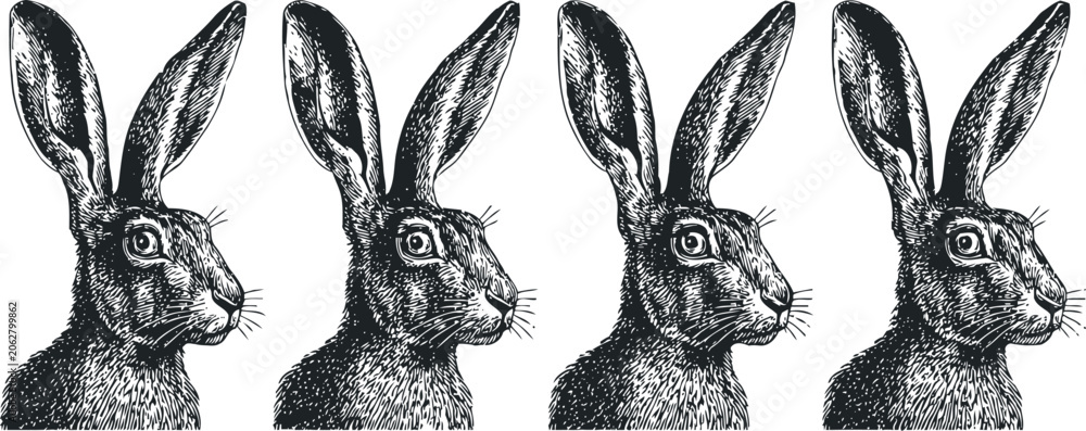Obraz premium detailed vintage engraving of four rabbit profiles with attentive expressions