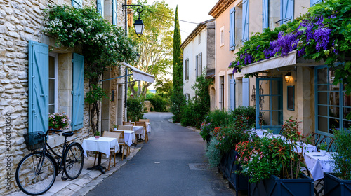 Charming french village street with outdoor cafes blooming flowers stone houses and bicycle creating romantic european atmosphere